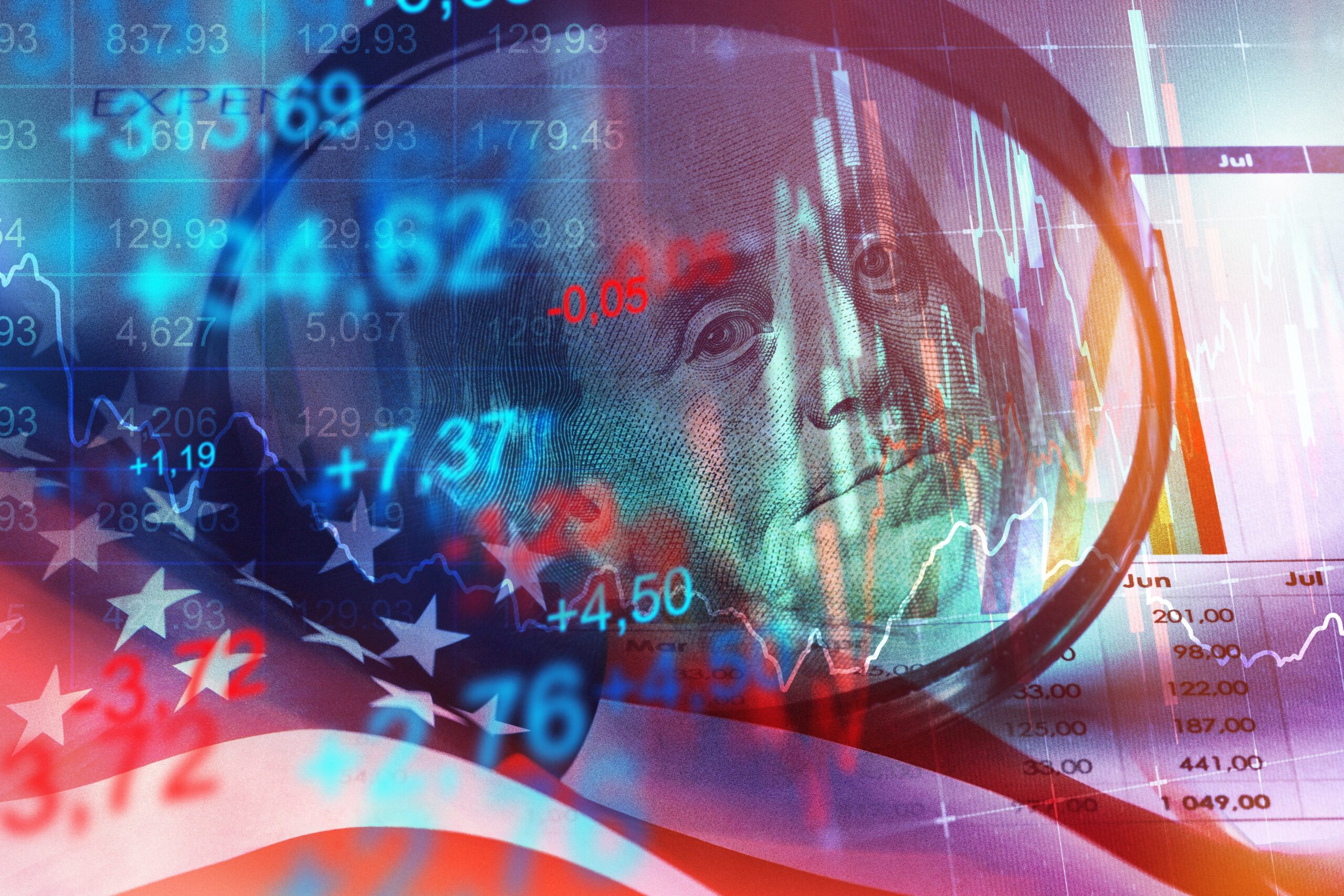Dollar bill through magifying glass. Overlayed with stock numbers.